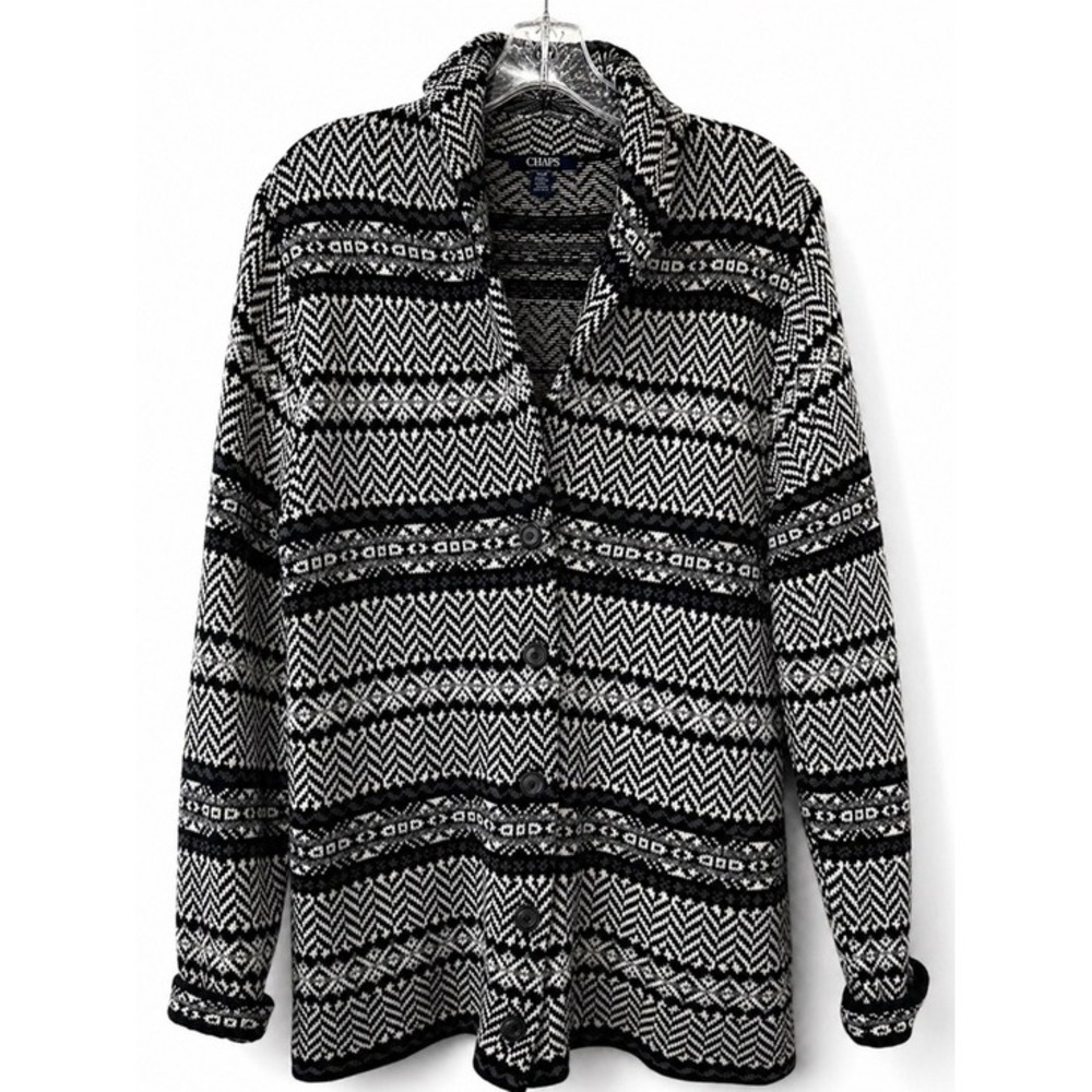 Chaps Cardigan‎ Sweater Black White XL Fair Isle Chevron Button Shawl Collar